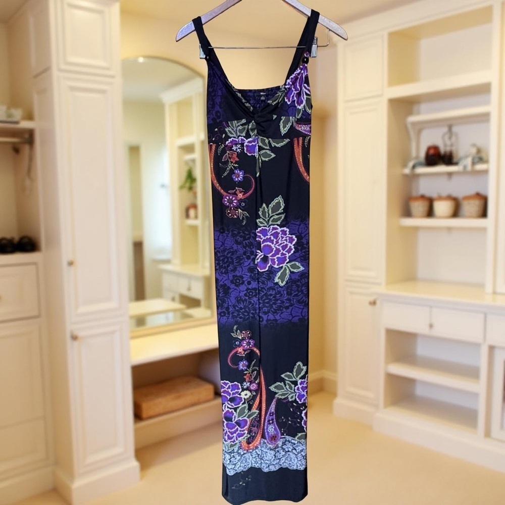 Stunning,purple and black large bloom floral,floor length maxi maxi dress Gypsy - Picture 1 of 8